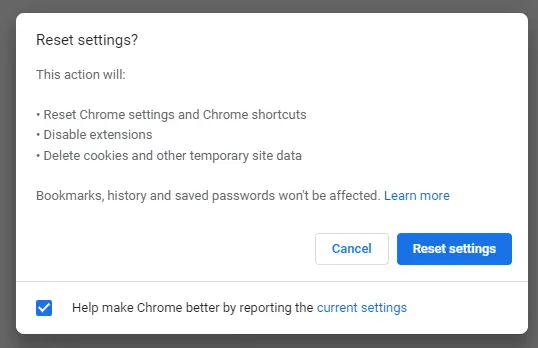 reset google chrome to default settings