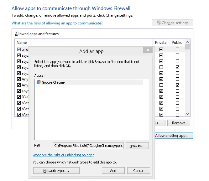 allow chrome in firewall