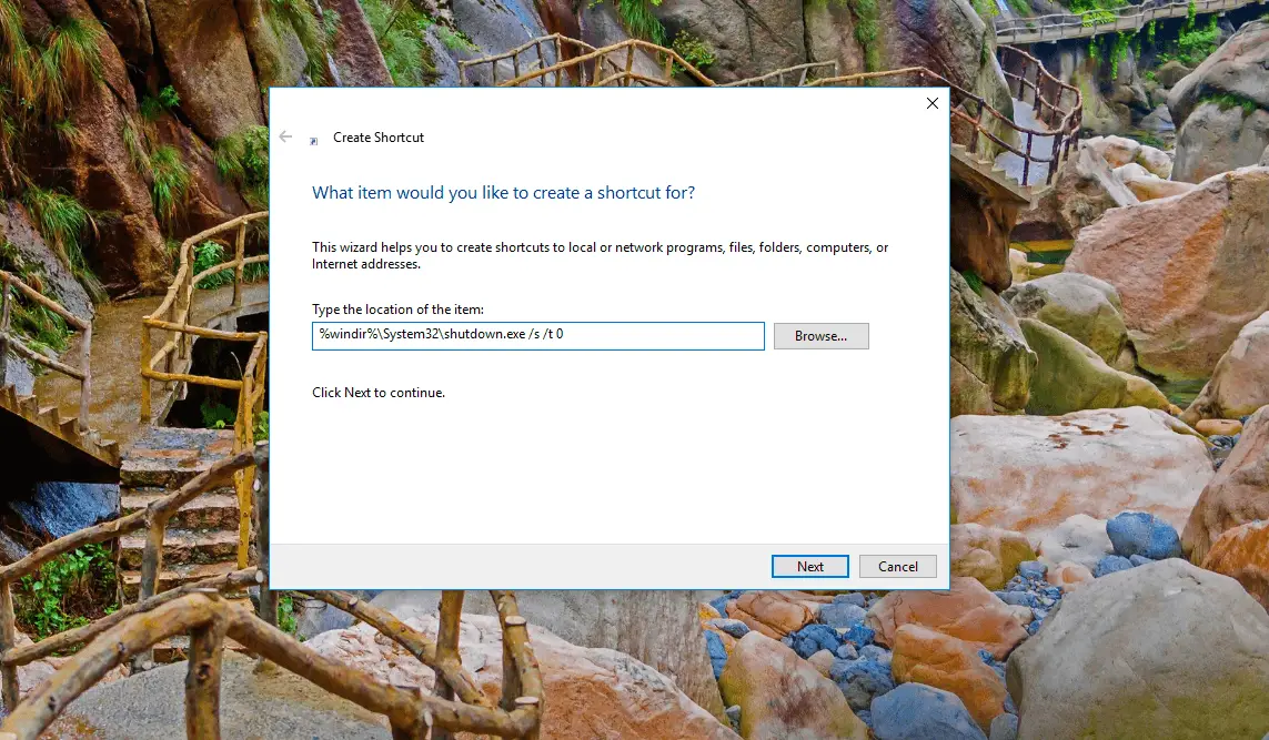 create shortcut in windows 10