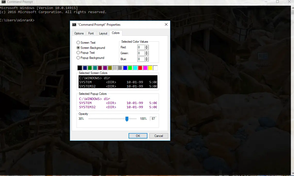 set opacity in command prompt in windows 10