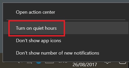 windows 10 quiet hours, notification, Action center