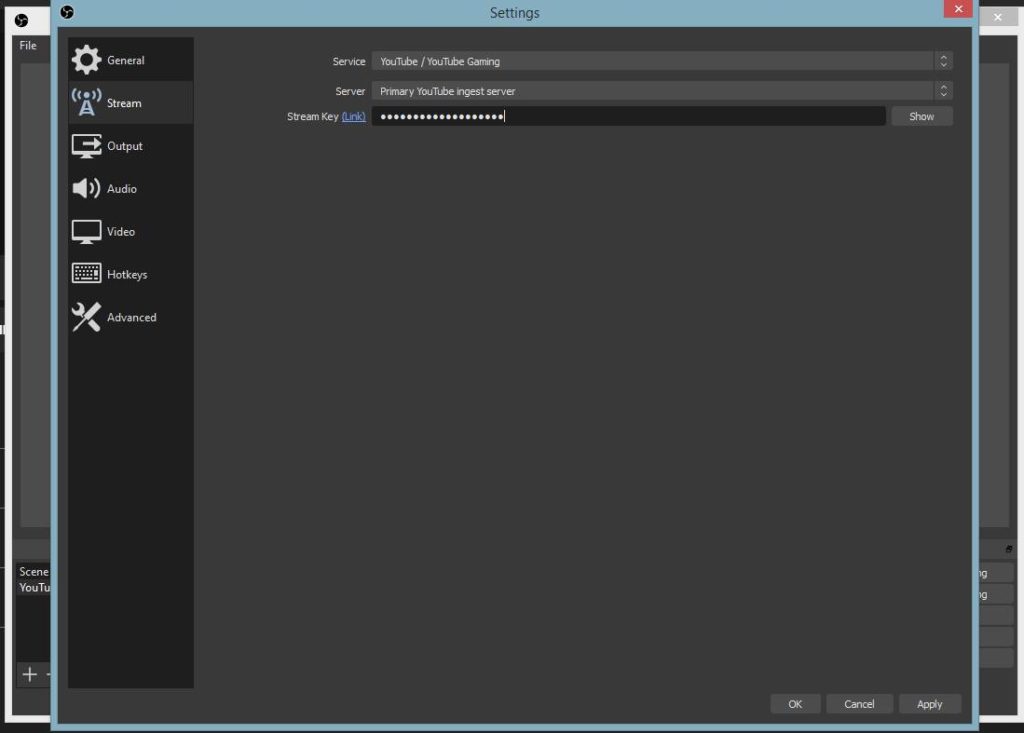 enter stream key to obs