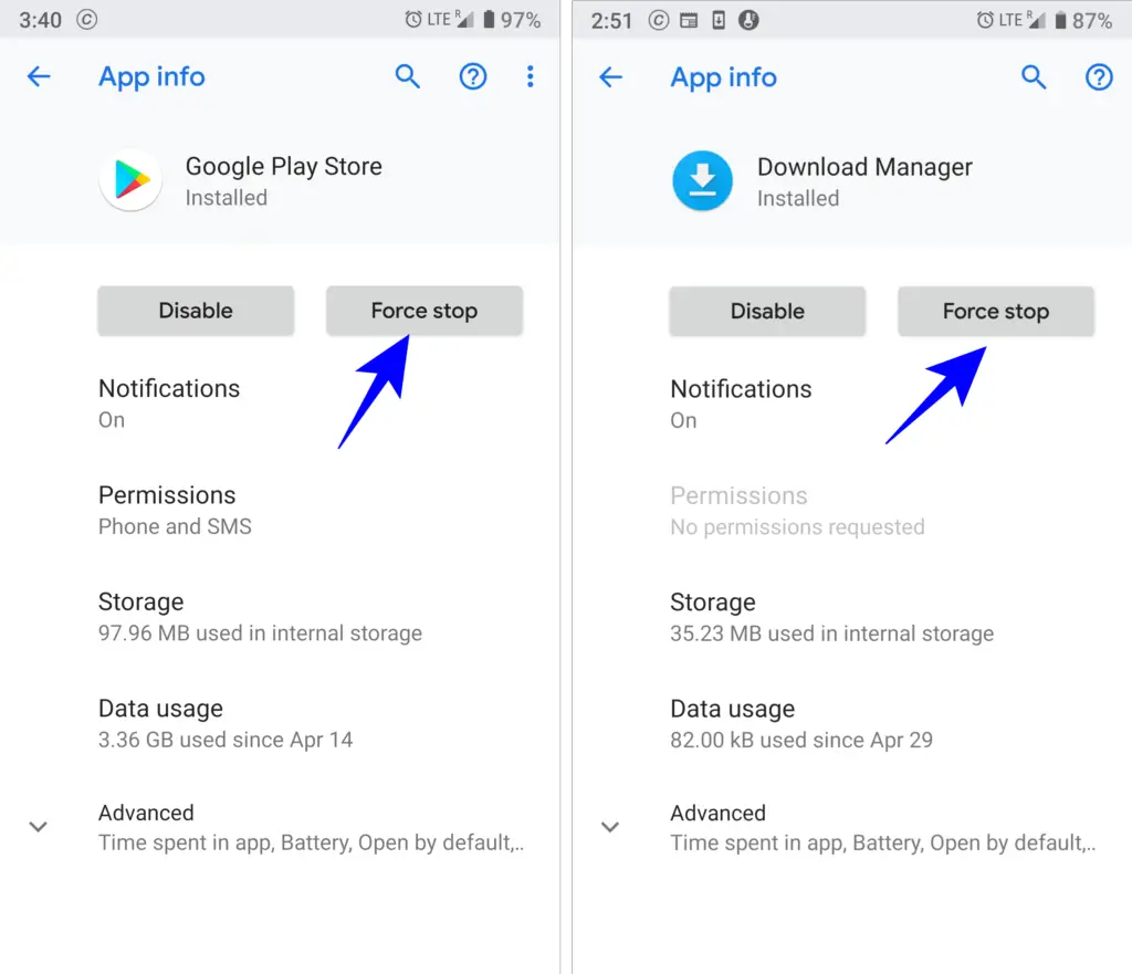Force stop play store download manager