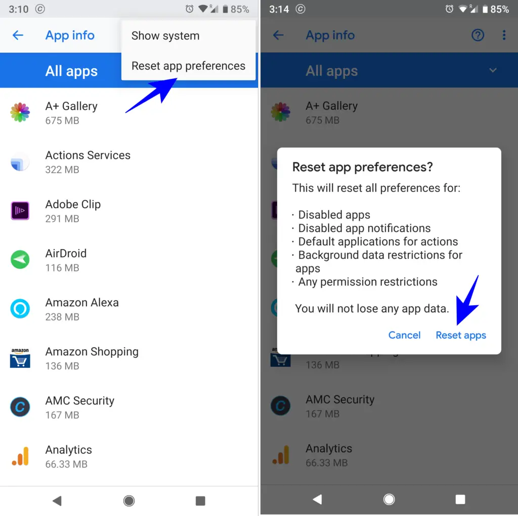 reset app preferences android
