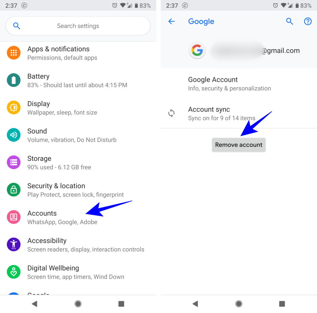 remove google account android