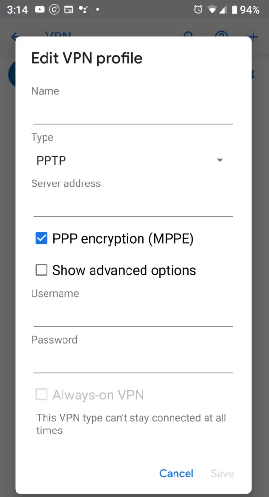 configure vpn on android