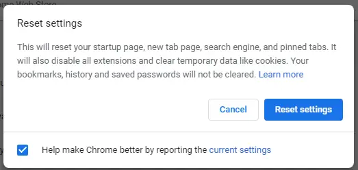 reset google chrome settings