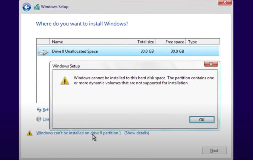 windows cannot be installed to this disk dynamic volume error