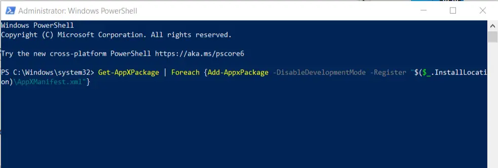 rebuild windows 10 apps powershell command