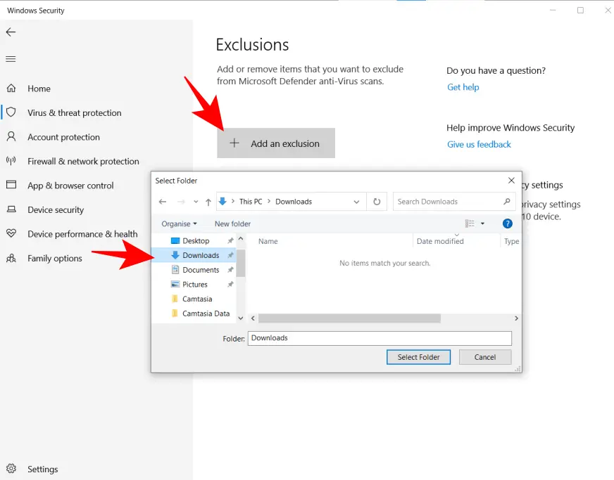 add exclusion to Windows defender fix falied virus detected