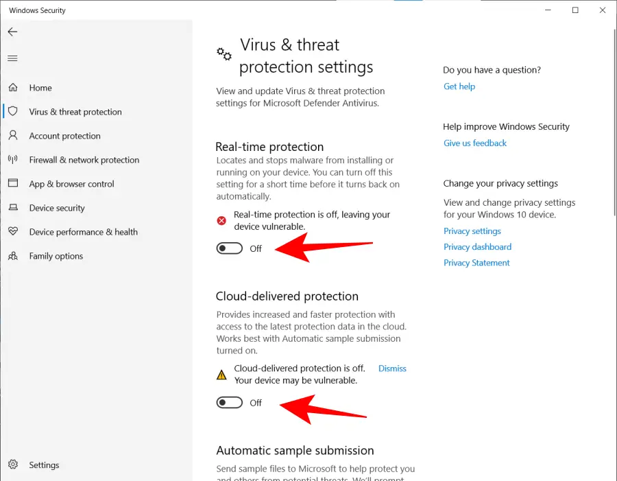 turn off virus and threat protection on windows 10