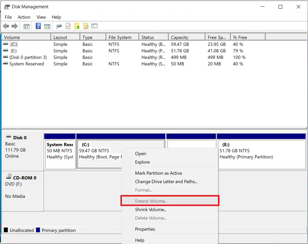 c drive extend volume greyed out