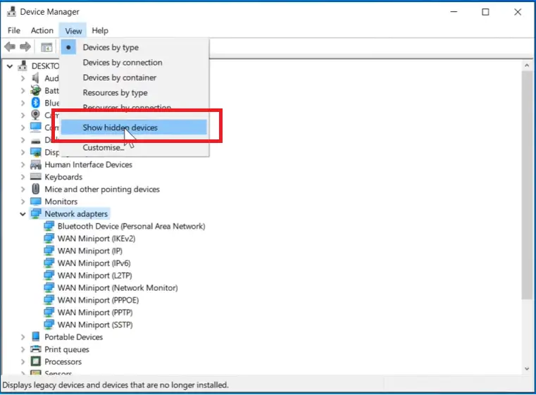 show hidden devices to fix missing wifi driver