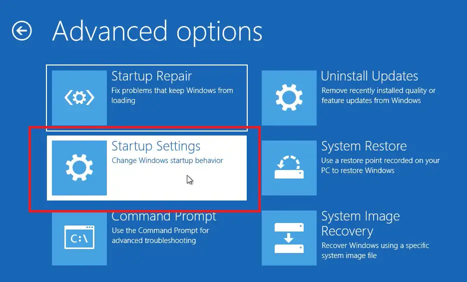 startup settings Windows 10