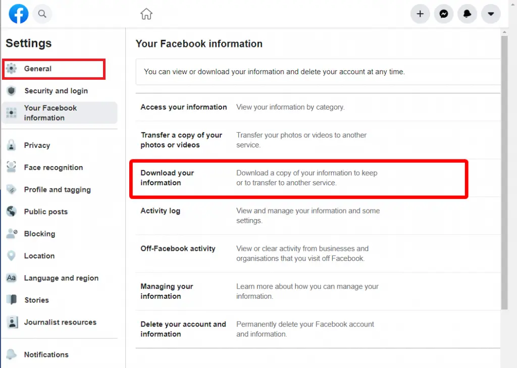 Facebook download your information