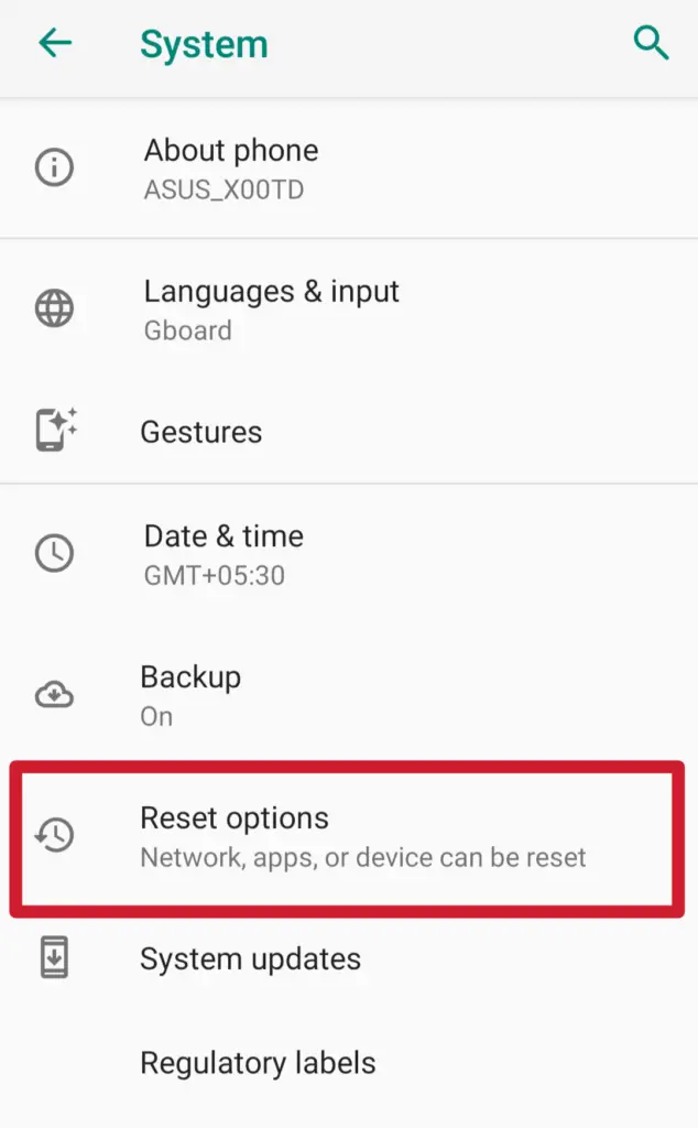 android reset options
