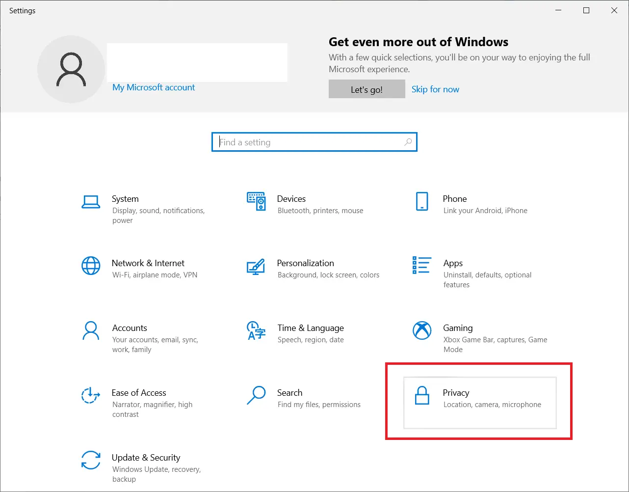 privacy option in Windows 10