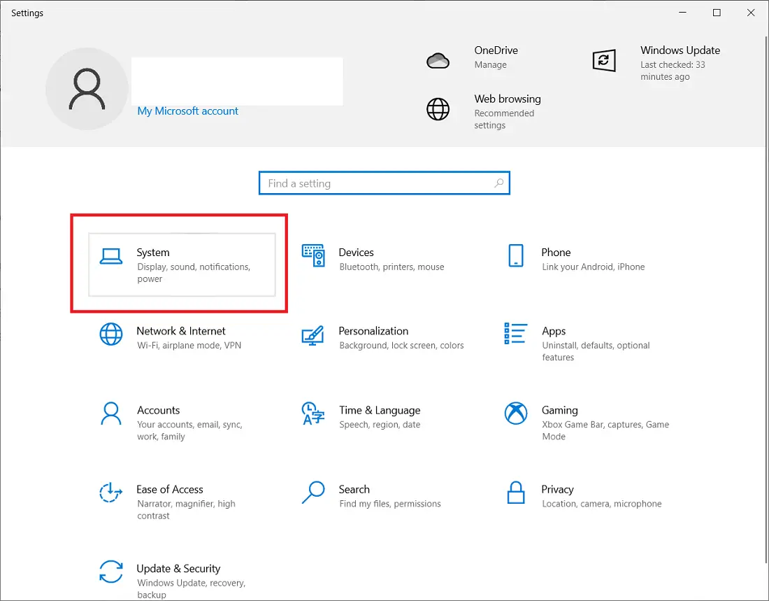 system setting windows 10