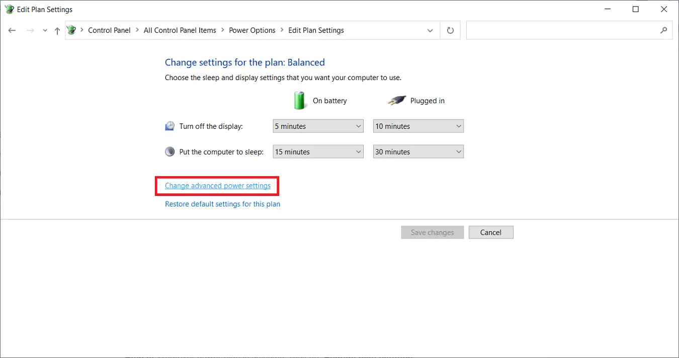 Change advanced power settings