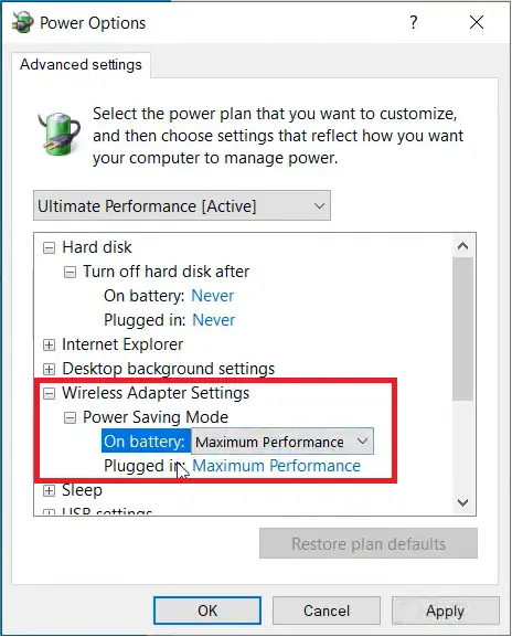 power plan to maximum performance to fix wifi