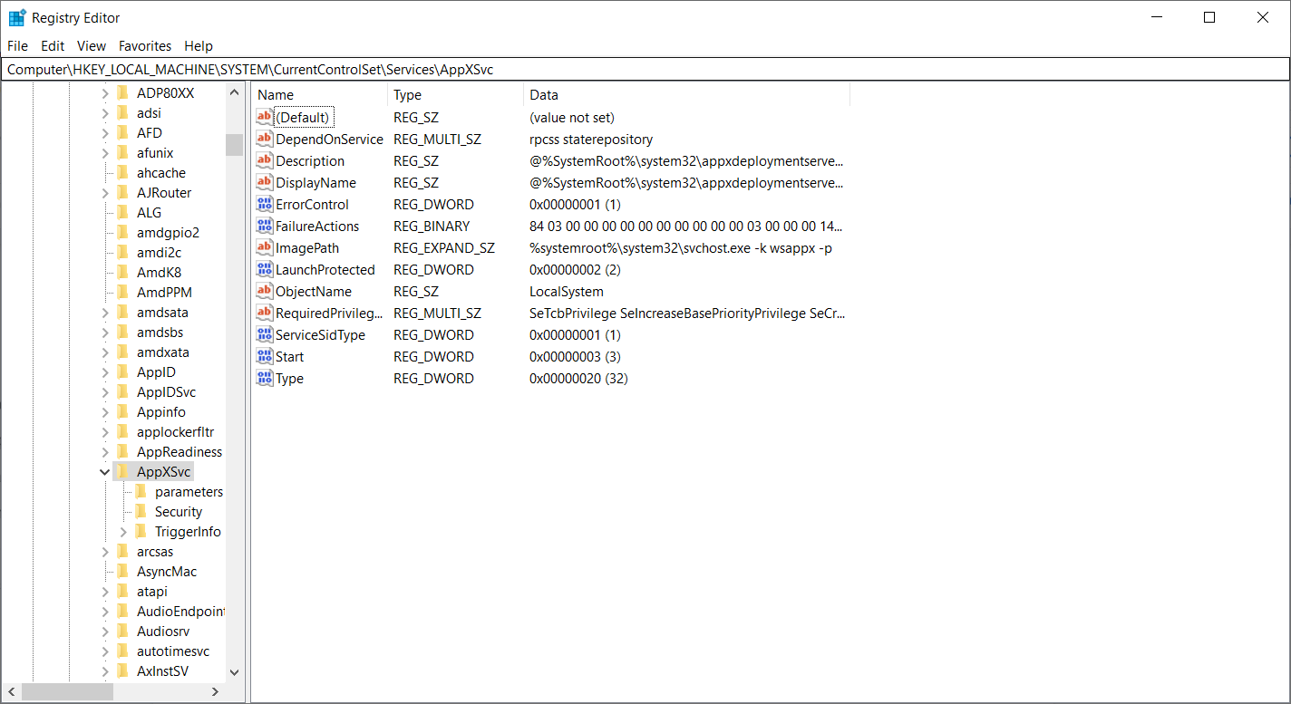 AppxSvc registry key