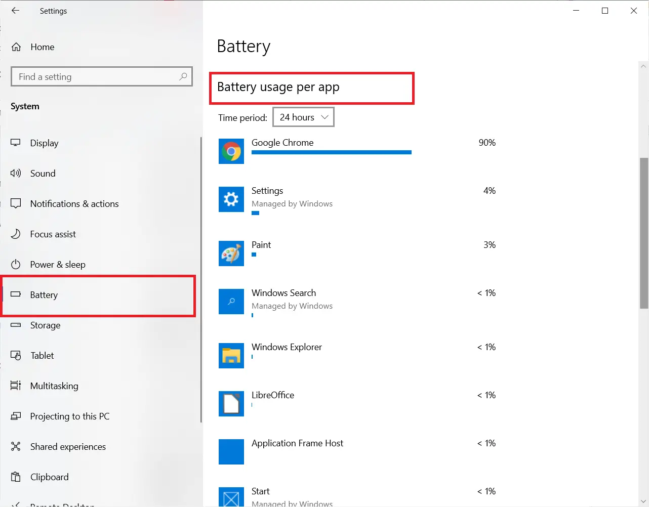 battery usages by apps in Windows 10