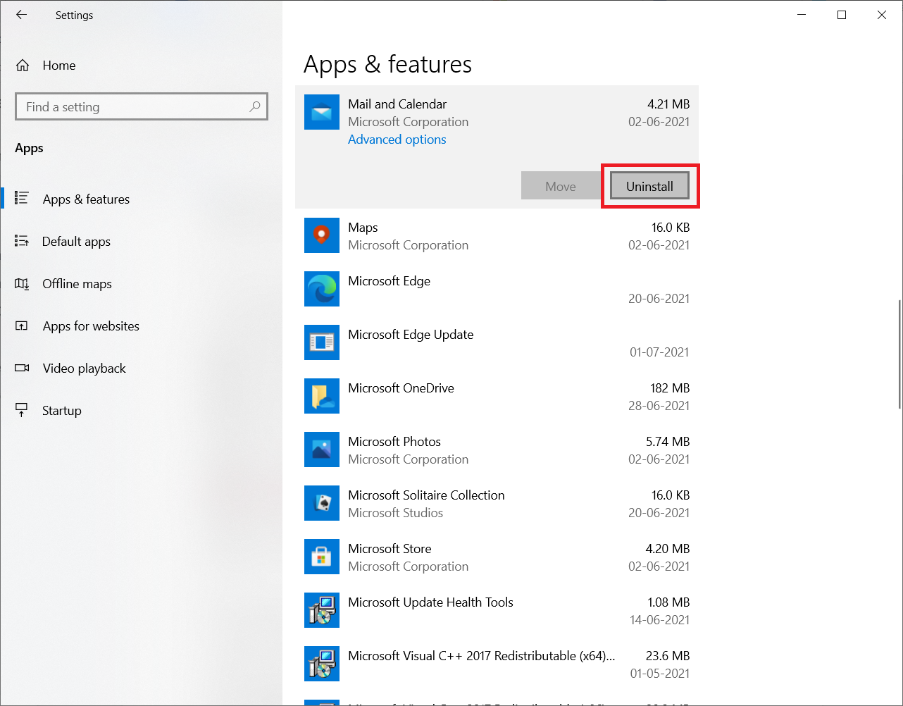 uninstall Mail and Calendar windows 10