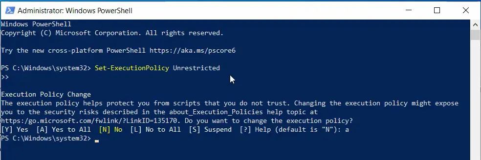 Powershell set -executionpolicy unrestricted