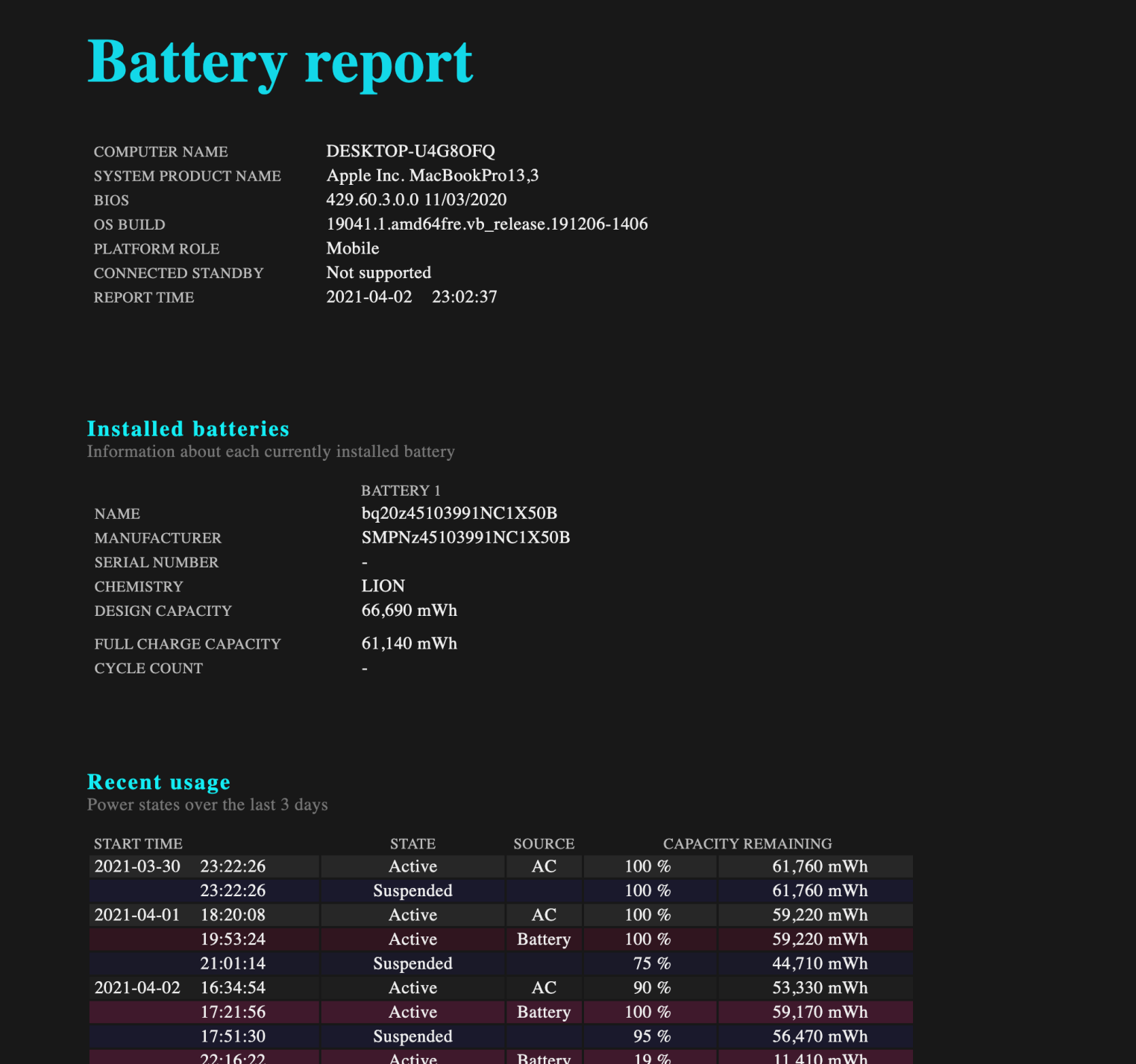 battery report in windows 10