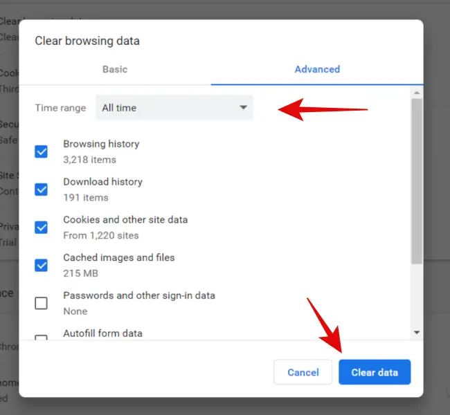 clear data to fix chrome hang issue