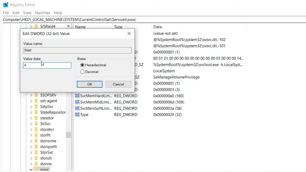 svsvc values registry editor