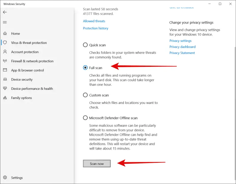 Running Full Scan on Windows 10