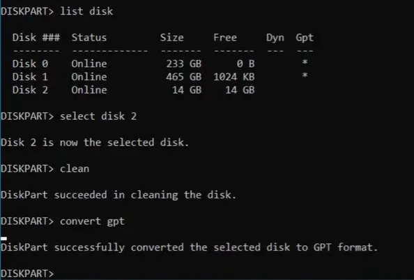 Using CMD to Create a GPT Disk 