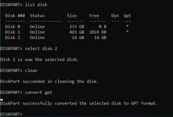 Using CMD to Create a GPT Disk