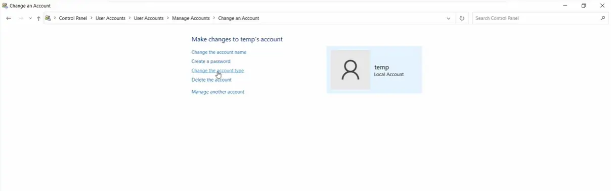 change the account type Windows 10