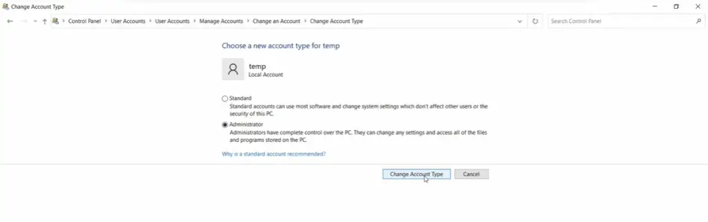 change local account to admin