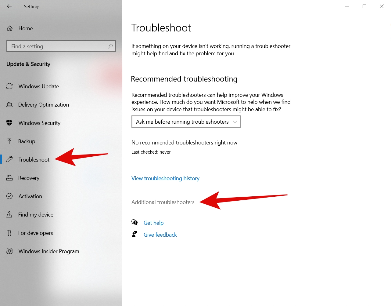 Windows Troubleshooter menu