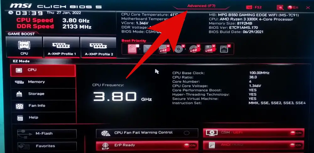 Opening Advanced Options on BIOS