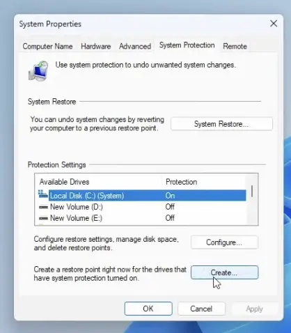 Creating a System Restore Point