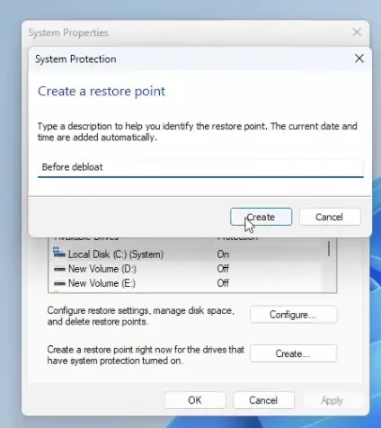 Creating a System Restore Point