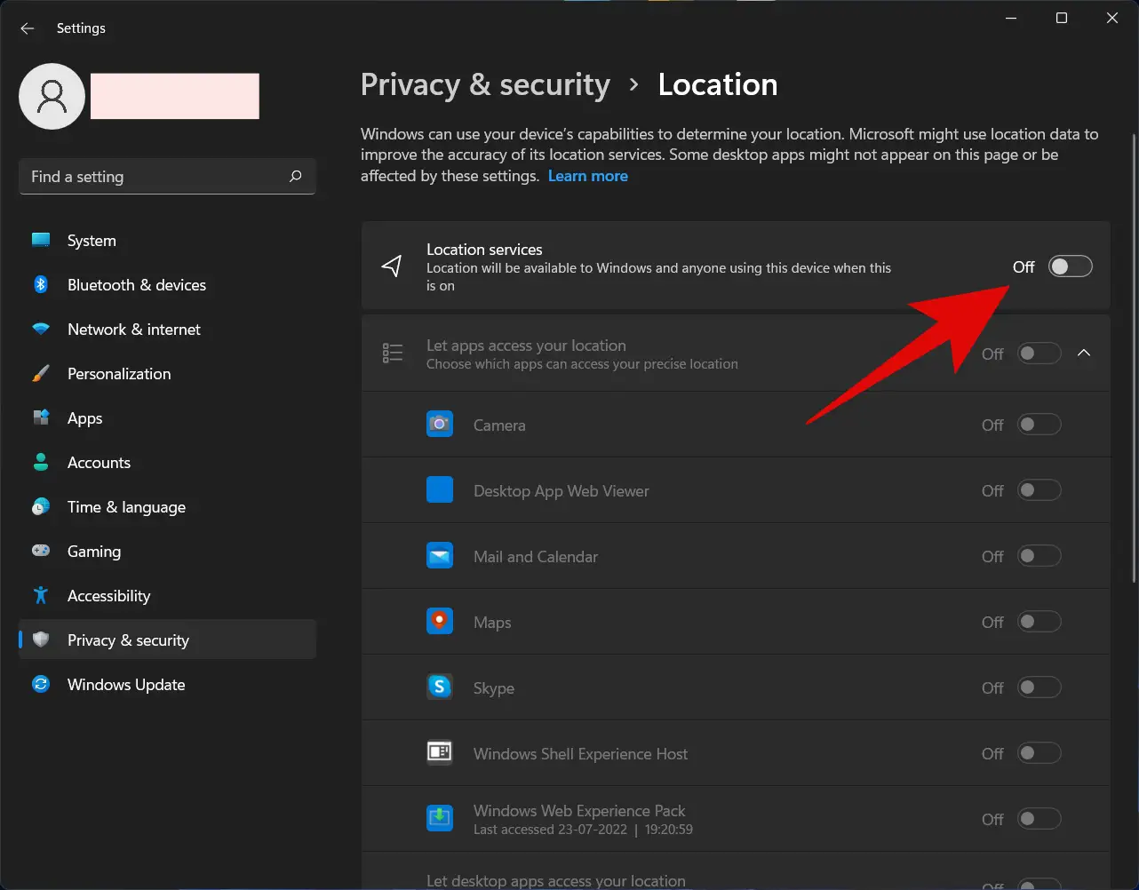disable location tracking windows 11