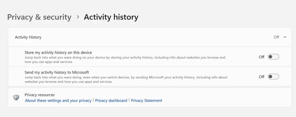 turn off activity history