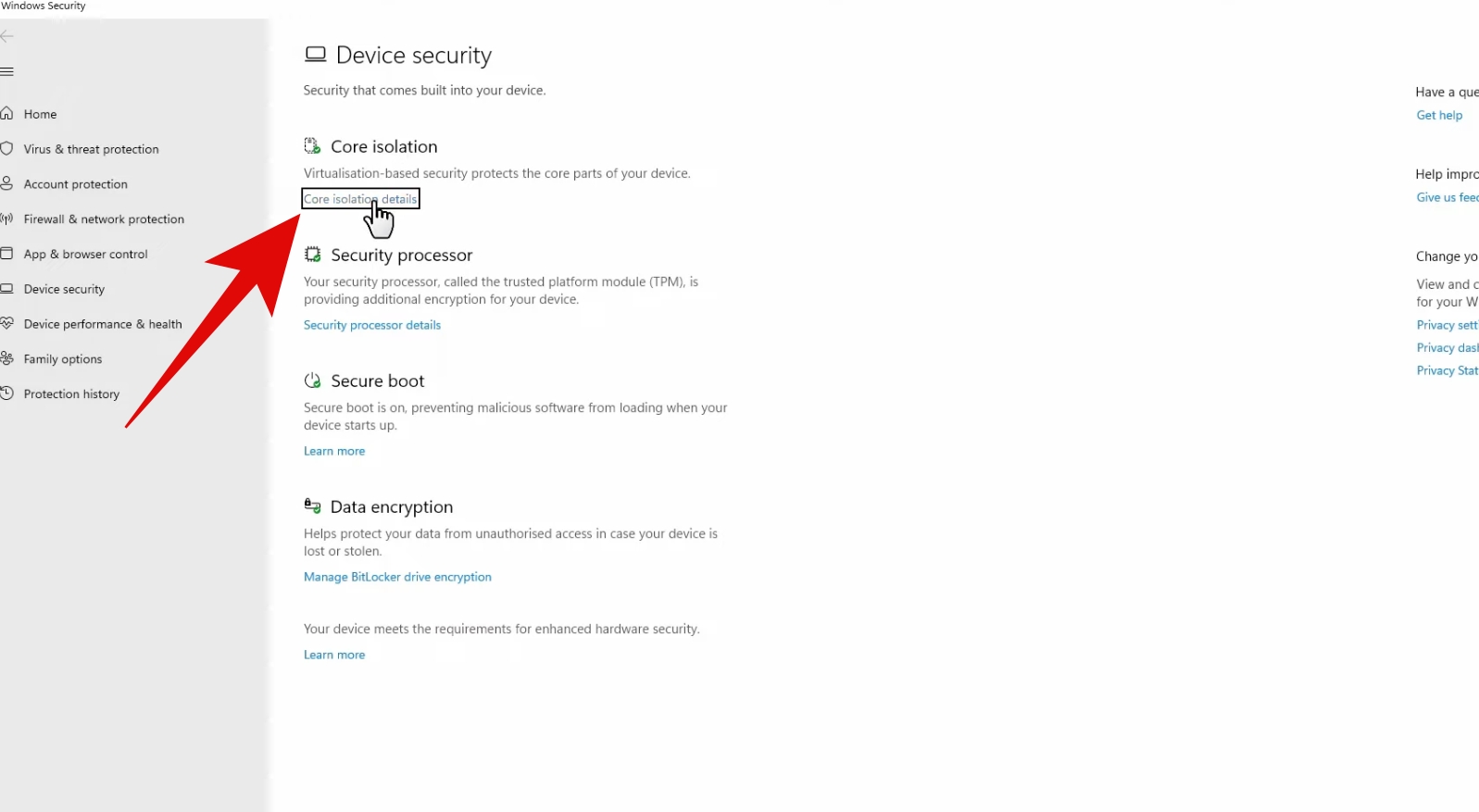 Device Security Settings on Windows 11