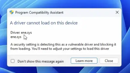 A driver cannot load on this device 