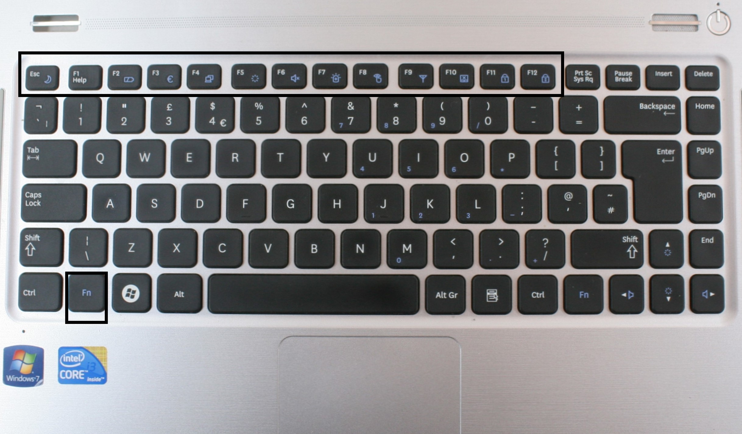 Function keys and Fn key mentioned on the keyboard 