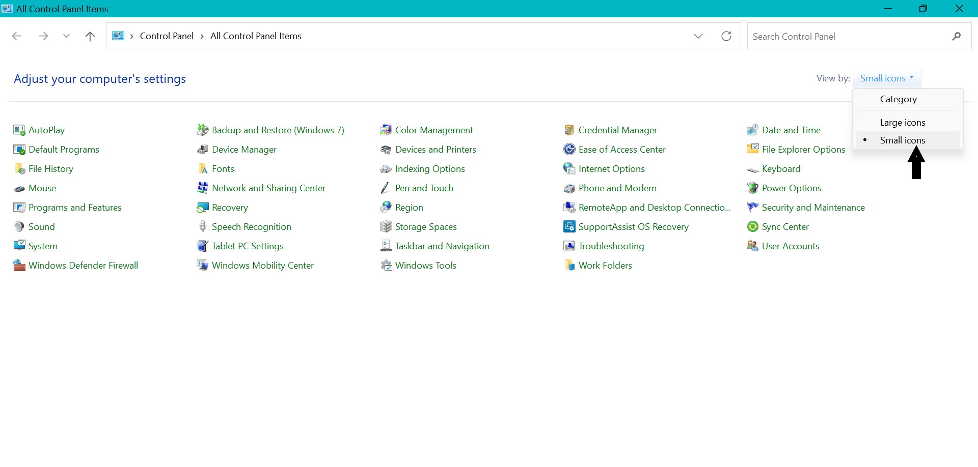 View by small icons in Control Panel