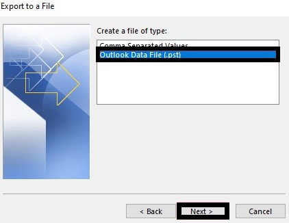 select outlook data file in .pst file format