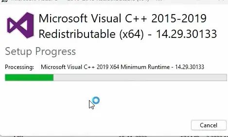 processing the repair of Visual C++ redistributable