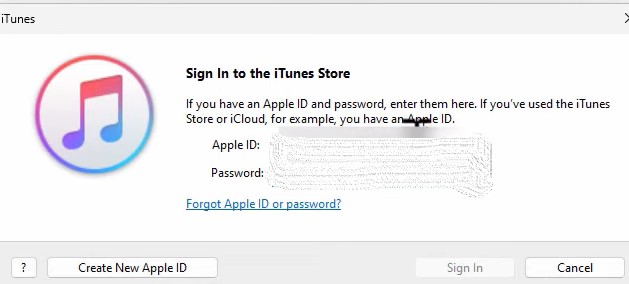 enter apple id and password to sign in to iTunes