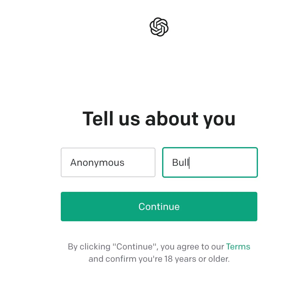 Entering Name to create a ChatGPT Account